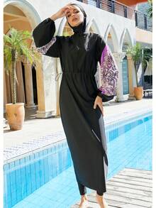 Burkini Muslim Women's Swimsuit Plain Islamic Swimsuit Printed Long Sleeved Full Set 3PCS Set Beach Wear With Hat
