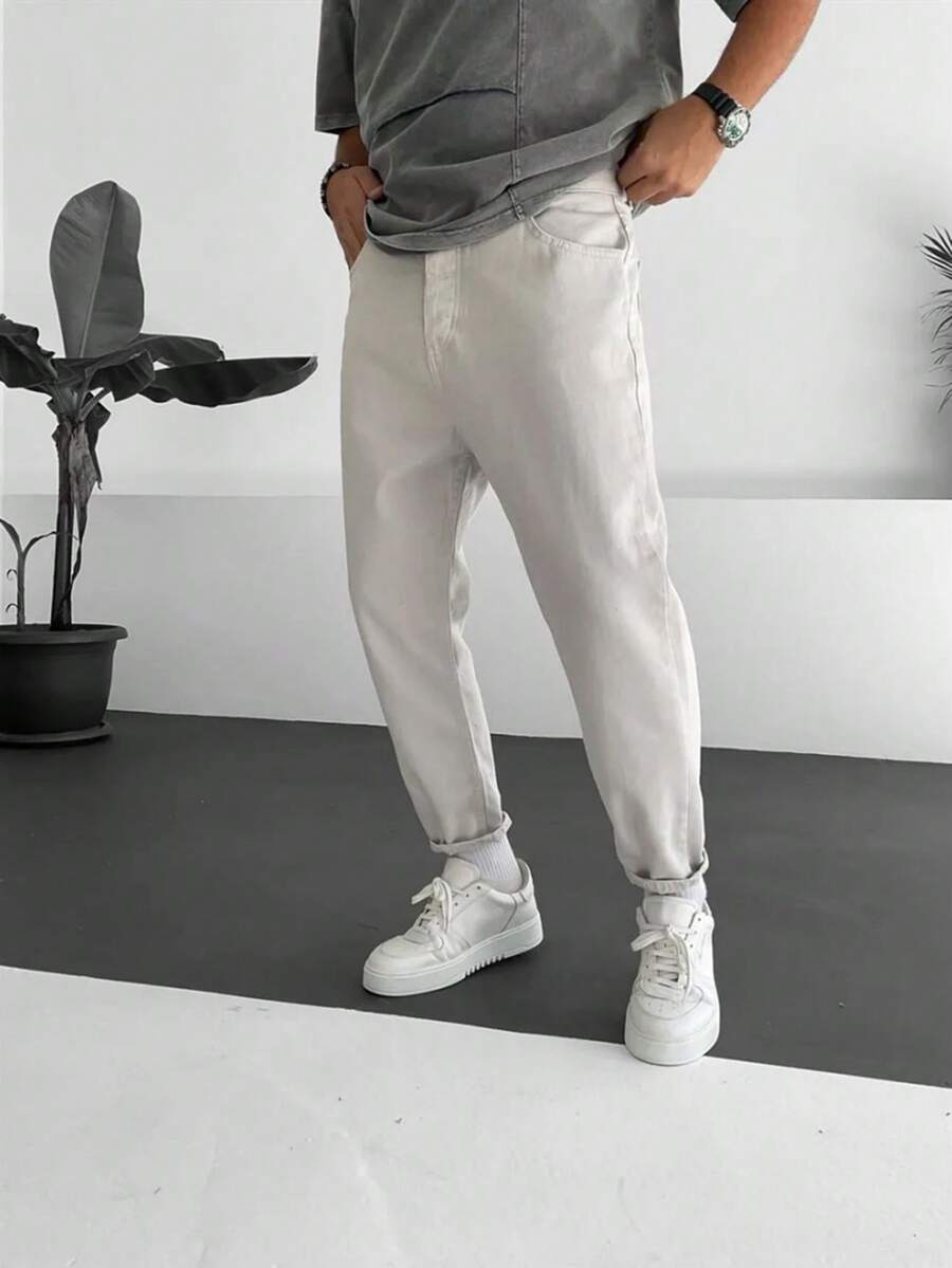 Quần jeans ống côn màu trơn đa năng thường ngày dành cho nam - trắng - Xem 1