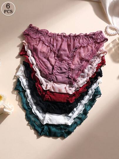 6-Pack Women's Sexy Heart Lace Panties Low Rise Cute Ruffle Mesh Stretch Soft Comfortable Yoga Underwear For Daily Wear