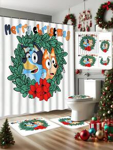 [Christmas Bluey Shower Curtain Window Curtain Set] 1/3/4pcs Christmas Solid Color Santa Hat Bluey Family And Friends Holiday Pattern Printed Shower Curtain Set, Modern Design, Suitable For All Seasons, Waterproof Polyester Hooks And Lining, Flannel Material, Soft Surface, Absorbent Anti-Slip Bathroom Mat, Bathroom Set Includes U-Shaped Mat, Toilet Mat, Anti-Slip Bathroom Mat And Bathroom Accessories, Home Decor, Holiday Decor, Christmas Gift, Daily Decor, Gift Giving