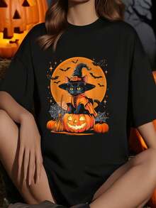 Scary Black Cat Witch Pumpkin Halloween Women Men  T-Shirt         Graphic Tees Women  Tops Summer Outfits For Women Summer Tops T-Shirt - Black - View 1