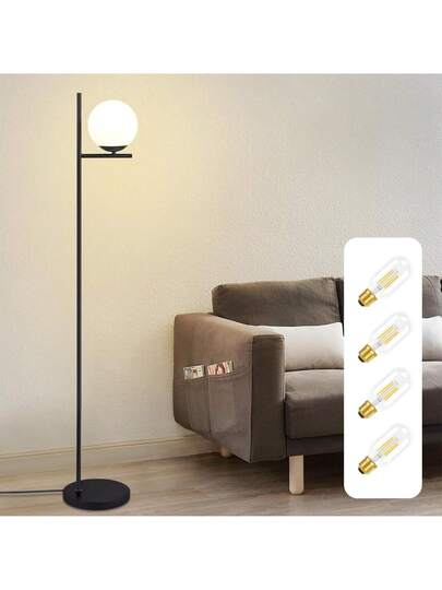 Vloer Lamp Living Room Vintage Made Of Wit Glass Ball Foot Switch Metal Zwart 4W E27 2700K Bulbs, Cable 2M Bedroom