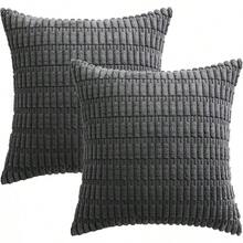 4 fundas de cojín decorativas, 45 x 45 cm funda de cojín de pana para sofá,Funda de almohada a rayas de estilo bohemio de pana suave para sofá, cama, decoración del hogar de granja - Gris Oscuro - Ver 9