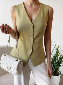 Women's Simple Solid Color Sleeveless Blazer Vest For Daily Wear - 米色 - 查看 2