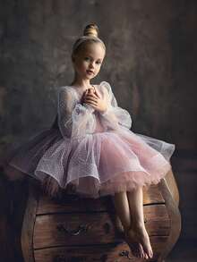 年轻女孩粉色波尔卡圆点薄纱泡泡袖优雅派对礼服，公主裙适合女孩生日派对、宴会、婚礼、伴娘礼服、庆典服装 - 粉色 - 查看 3