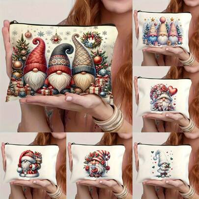 1 Stück süßer Weihnachts-Wichtel Muster Make-up Tasche - Großes Fassungsvermögen, leicht, faltbar, Polyester Kosmetik- und Kulturbeutel, beige Geschenk für Frauen & Mädchen, festliche Kulturtasche, festliches Design, mit Reißverschluss, strapazierfähiger Kosmetikbeutel