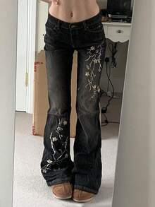 Women Bell Bottom Jeans Stretchy Flare Mid Rise Embroidery Vintage Denim Pants 90s Outfits Y2k Clothes - 黑色 - 查看 1