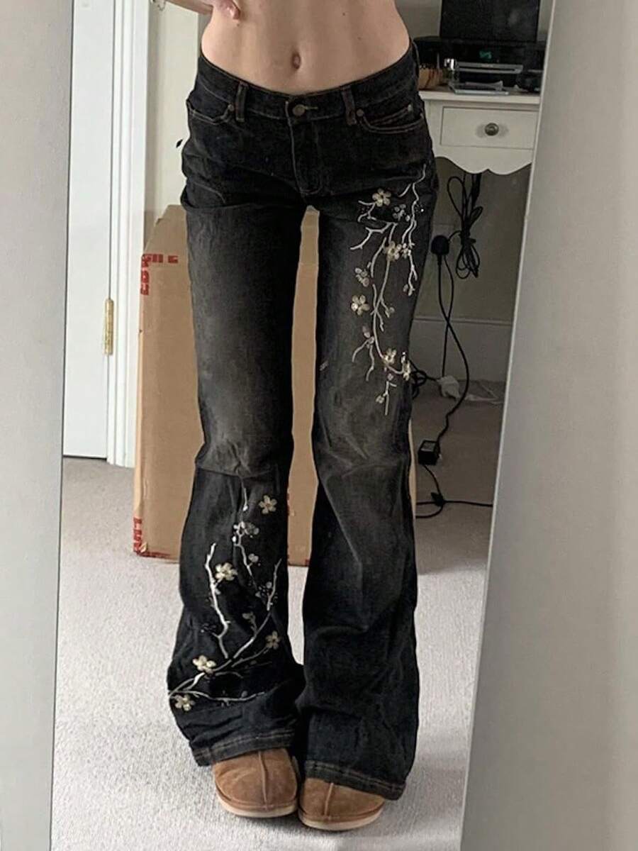 Women Bell Bottom Jeans Stretchy Flare Mid Rise Embroidery Vintage Denim Pants 90s Outfits Y2k Clothes - 黑色 - 查看 1