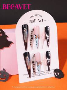 BEGAVET Halloween Nails Collection 10pcs Handmade Salon Quality Nail Art Acrylic Press On Nails Black Nails 3D Carved Flower Super Long Exclusive Design 3D Nails With 3D Charms, Suitable For Parties/Music Festival And Daily Wear