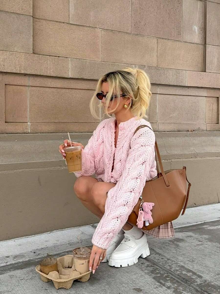 Áo khoác cardigan dệt kim dày dặn dành cho nữ, dáng ngắn, màu trơn, tay dài, dáng rộng, phù hợp mặc hàng ngày, màu hồng mùa thu. - Hồng - Xem 1
