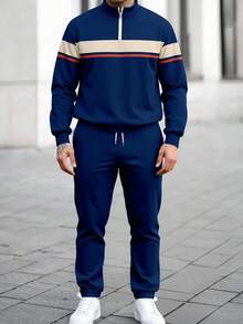 Men's Fashion Street Style Half-Zip Sweatshirt And Pants Set, Fall Clothes
