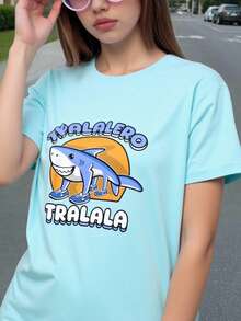 Camiseta informal para niña con cuello redondo, manga corta, estampado de dibujos animados Brainrot Tralalero Tralala Animado , diseño holgado, color rosa para primavera-verano y uso diario. - Azul - Ver 1