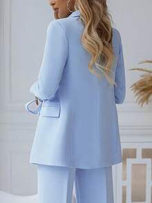 Veste longue manches femme, couleur unie, style minimaliste, décontractée, pour le printemps - Bleu azur - Voir 3