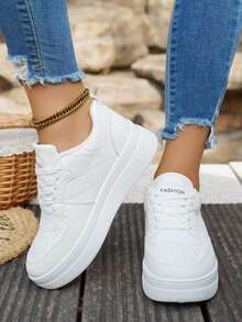 Women's Leather Stitching White Slip-On Lace-Up Color Block Comfortable Thick Sole Sneakers With Hidden Heightening Function - Casual White - View 16