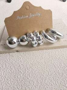 6-18 件时尚优雅简约 ABS 银色 CCB 轻质耳环首饰套装，C 形和泪珠设计，一套满足所有女性日常穿搭需求 - 款式3 - 查看 6