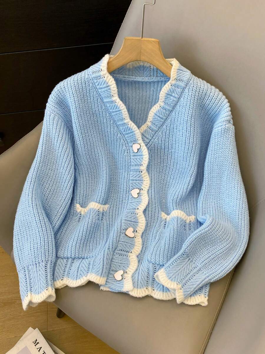 JIANHU Casual V-Neck Loose Short Knit Cardigan, Spring/Autumn - New Blue - View 1