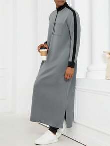 Disqoir 中东阿拉伯，现代伊斯兰男士服装，卡米斯长袍，穆斯林男士灰色长袍，时尚立领长款连帽衫 - 灰色 - 查看 4