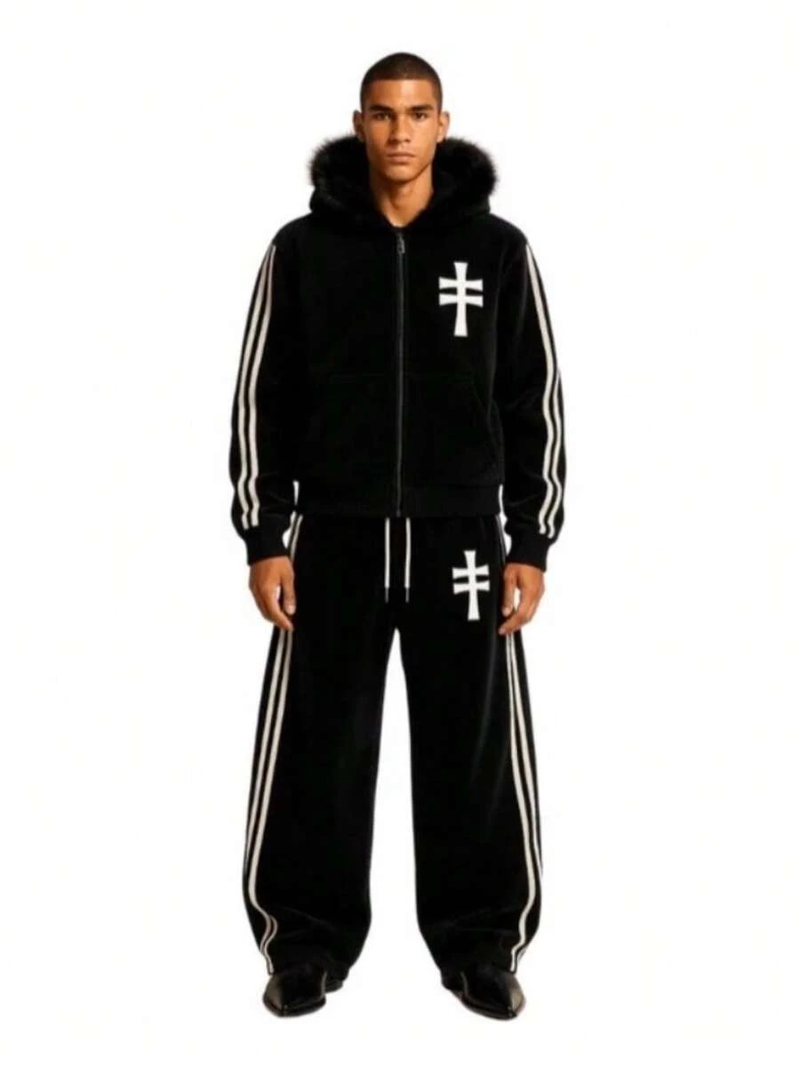 New Ins Dark Wind Niche Design Striped Printed Zipper Men's And Women's Same Fur Collar Hooded Sweater