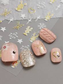 4张3D金色圣诞美甲贴纸，金属金色小鹿、小熊、雪花、星星图案，新年装饰美甲贴片 - 彩色 - 查看 6