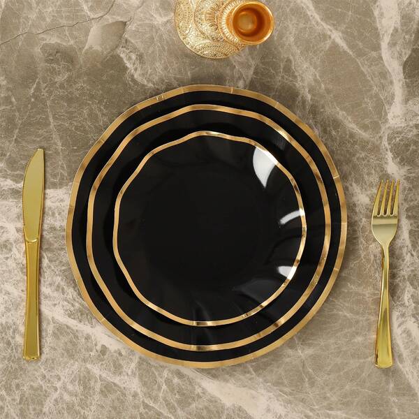 10/30/50 Stücke neue gewellte schwarze und goldene Pappteller – 7,25 Zoll Dessertteller, 9 Zoll Lunchteller und 10,25 Zoll Speiseteller. Schwarze Einwegteller mit goldenem Rand – ideal für Partys, Neujahr, Geburtstage, Abschlussfeiern und Vatertag