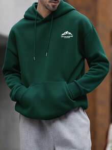 Men's Autumn/Winter Minimalist Mountain Print Pocket Drawstring Hoodie Sweatshirt, Back To School, Long Sleeve Top - Green - View 5
