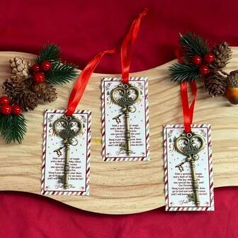21pcs,Santa Claus Magic Key Set, With Cards, Metal Antique Style Keys, Hanging Red Ribbons, Chimney-Free Family Holiday Decorations, Traditional Santa Claus Ornaments, Christmas Party Small Gifts, Log Cabin Style Decorations
