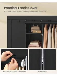 Portable 51. 2-Inch Large Capacity 3-Tier Non-Woven Fabric Closet Organizer With Hanging Rods And Shelves, Black, For Bedroom And Living Room