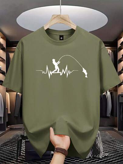 Men's Regular Fit Short Sleeve T-Shirt With Electrocardiogram & Fishing Graphic Print, Casual Outdoor Sports Wear, Suitable As Gift For Husband/Boyfriend, 2000s Style