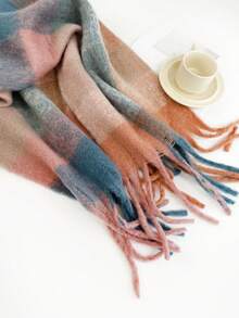 1件装女士蓬松长款冬季围巾，保暖颈部围脖，黑色超大加厚流苏披肩/毯子围巾，加厚针织流苏披肩，红色纯色围巾 - HM06-粉紅藍橙 - 查看 7