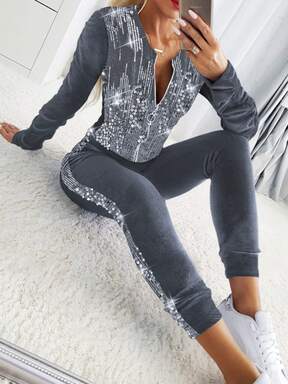ChicMe Velvet Two Pieces Set – Women Contrast Sequin Ruched Zip‑Up Jacket & Elastic Waist Pants