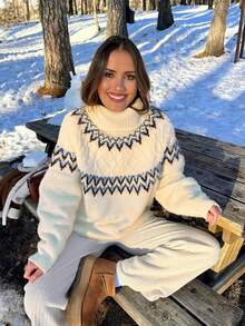 Vintage Boho Stil Rollkragen Jacquard Loose Lässig Pullover