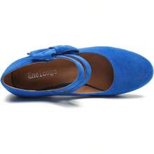 Enelauge Women's Mary Jane Heels With Bow Retro Closed Round Toe Pumps Sweet Ankle Strap Low Block Heels Chic Bowtie Vintage Dress Wedding Party Office Daily ShoesChristmas - 皇家藍絨面革 - 查看 11