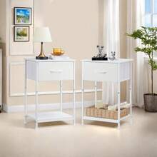 Mesitas de Noche, Mesas Auxiliares, Juego de 2 Mesas Auxiliares con Cajón y Estante, Buros para recamara, Mesa Auxiliar con Cajón de Tela Montaje Fácil Diseño Industrial (Blanco) - 1 - Ver 9
