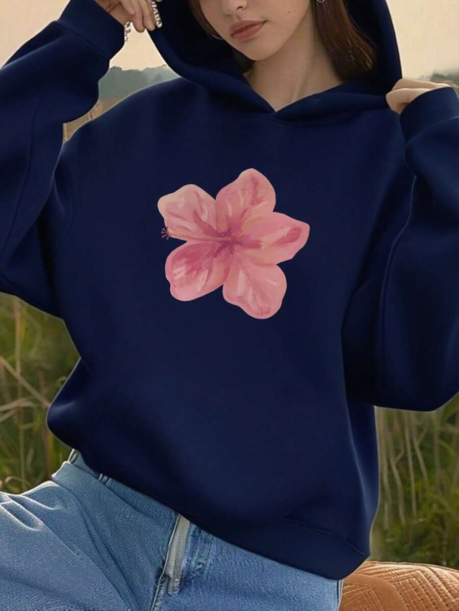 1 pieza Sudadera con capucha casual estampada para niñas preadolescentes, forrada térmica, manga larga, ropa de estudiante para otoño/invierno