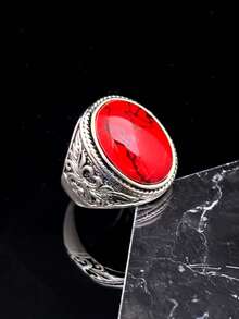 1枚18K镀金高品质男女通用不锈钢红色合成红宝石戒指 - 紅色 - 查看 4