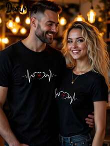 Áo thun ngắn tay in hình trái tim và chữ graffiti phong cách thường ngày dành cho cặp đôi DEAR MOLLY, dáng ôm, phù hợp cho cả nam và nữ, món quà tuyệt vời dành cho bạn gái. - màu đen - Xem 2