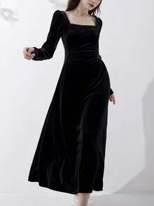 2025 新款优雅派对鸡尾酒会舞会礼服冬季方领天鹅绒连衣裙女式黑色长袖别致修身 A 字复古办公室服装约会夜礼服女式秋季长袍