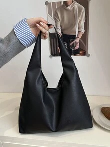 Women's Solid Color PU Leather Fashion Large Capacity Shoulder Bag For Daily Use - Black - View 3