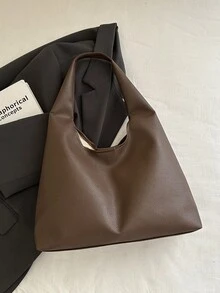 Túi đeo vai thời trang bằng da PU màu trơn dung tích lớn dành cho nữ sử dụng hàng ngày - Cà phê - Xem 6