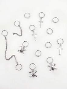 13pcs Cross And Skull Decorative Hair Rings, Dreadlock Beads Clips Hair Accessories Loc Hair Jewelry For Halloween Party Braids - Silver - View 3