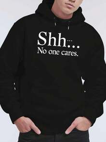 Sudadera con capucha de forro polar amarillo 'No One Cares' para hombres - Sudadera casual de poliéster con letras negras en negrita, cuello ajustable con cordón, perfecta para otoño e invierno, moda juvenil | Sudadera estampada de moda | Sudadera con capucha de forro polar de poliéster, sudadera con capucha, talla - Negro - Ver 1