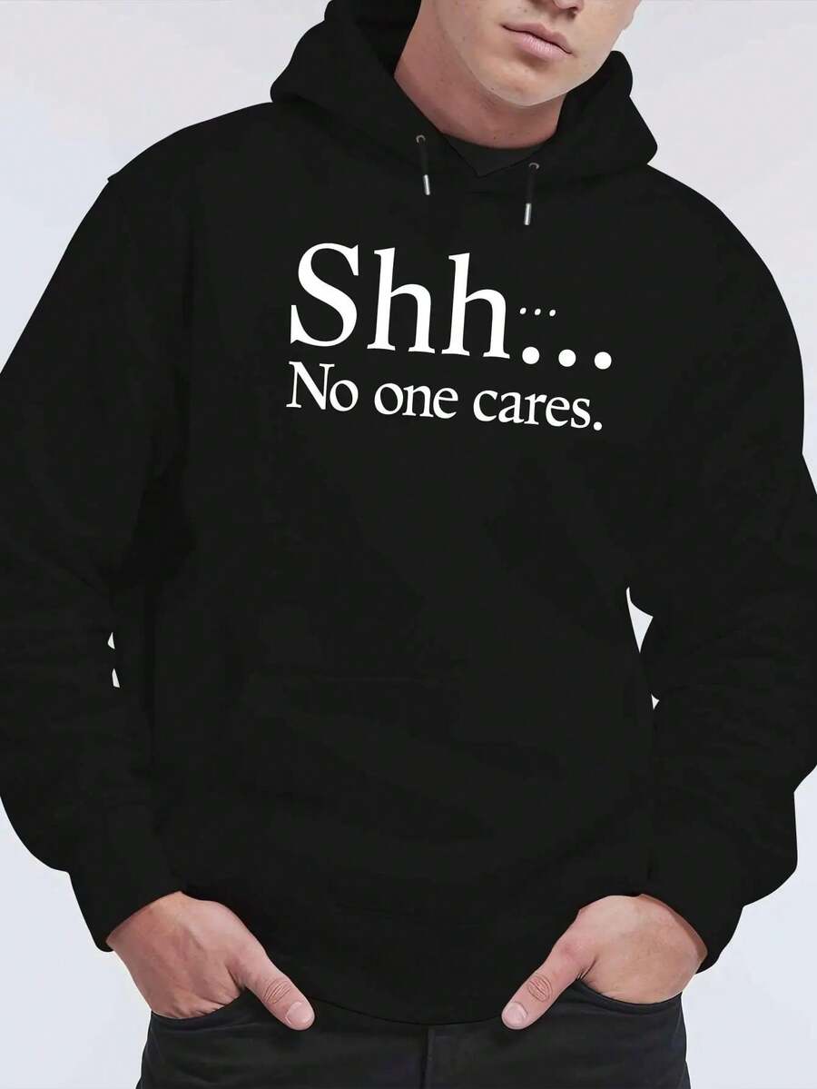 Sudadera con capucha de forro polar amarillo 'No One Cares' para hombres - Sudadera casual de poliéster con letras negras en negrita, cuello ajustable con cordón, perfecta para otoño e invierno, moda juvenil | Sudadera estampada de moda | Sudadera con capucha de forro polar de poliéster, sudadera con capucha, talla - Negro - Ver 1