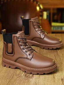 [Special Offer] Men's Faux Leather Mid-Top Combat Boots - Lace-Up Design, Elastic Side Panel & Chunky Lug Sole, Durable Casual Footwear For Daily Wear, Outdoor & Fall/Winter Seasons - 棕色 - 查看 2