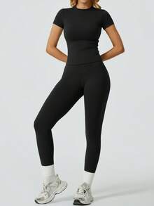 NcmRyu Women's Solid Color Minimalist Casual Sports Set - Black - View 7