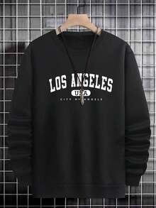 Men Letter Graphic Sweatshirt Going Out Crew Neck Letter Los Angeles Long Sleeve Casual Sweatshirt, Friends, Husband, Boyfriend Gifts, Los Angeles Hoodie, Men Sweatshirt, Men Pullover Hoodie - 黑色 - 查看 3