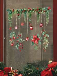1 pieza Pegatina de plantas verdes navideñas para ventana, pegatina de vidrio con hojas de pino y bayas rojas, poinsettia, ramas de árbol de Navidad, pegatinas para ventanas, para decoración de fiestas navideñas, hogar, centro comercial, decoración de pared, decoración de habitación, decoración navideña, decoraciones navideñas para el hogar - Multicolor - Ver 6