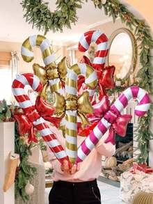 3/6pcs Christmas Candy Cane Foil Balloons, Bow Candy Cane Design, Suitable For Christmas Party Decorations, Candy Party, Indoor Decorations And Celebrations, New Year, New Year's Eve Events, Staircase Decorations, New Year Party Home Decor, Holiday Party Decorations - Multicolor - View 8