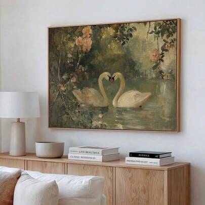 1 pieza Impresión en lienzo de pintura vintage rústica de un cisne antiguo en un lago, arte de pared romántico y sombrío, decoración minimalista de estilo granja, retro para parejas, amantes, apartamento, sala de estar, dormitorio, decoración del hogar moderna