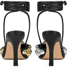 Saint Leia Women's 4IN High Heel Sandals Nude Stiletto Pumps With Gold Silver Pearls Heels For Weddings Parties And Evening WearChristmas - 黑金銀 - 查看 10