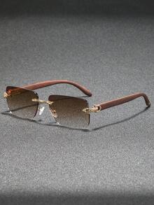 1 Pair Men's Rectangular Frameless Wooden Grain Temples Fashion Glasses, Business Casual Classic Versatile Fashion, Suitable For Beach & Holiday